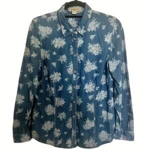 Nine West Floral Denim Button Down Shirt Womens Size Medium Blue